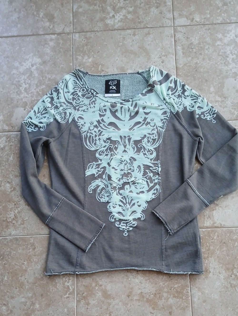 Fox Gray and Mint Decorative-Print Crewneck Sweater